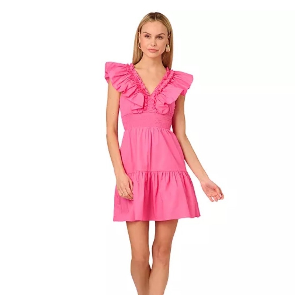 Adrianna Papell Ruffle Short Dress Women 8 NWT Magenta Cotton Smocked MSRP $139